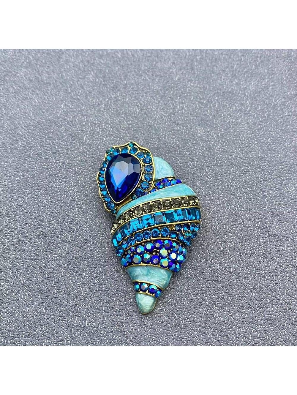 Blue Jeweled Seashell Brooch Pin